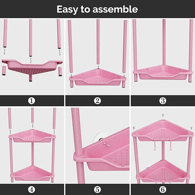 Orimade Rustproof 4 Tier Floor Standing Corner Shower Caddy Organizer, Plastic Metal Splicing Floor Corner Shelf Rack Storage Stands for Bathroom,10.8 x 10.8 x 44.6 inches, Pink - ModernBath