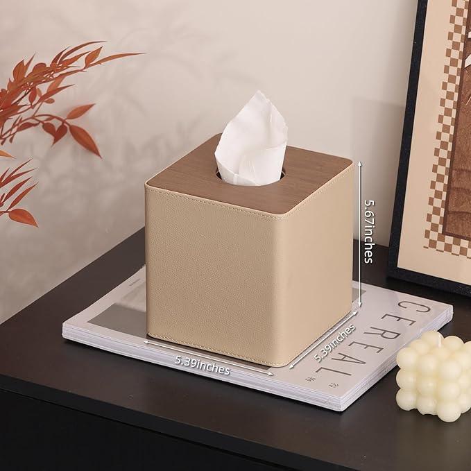 WUUAHOME Tissue Box Cover Square, Modern Leather Tissue Box Holder, Decorative Facial Tissue Paper Dispenser for Home Decor, Living Room, Hotel, Office, Restaurant, Cafe (Light Brown) - ModernBath