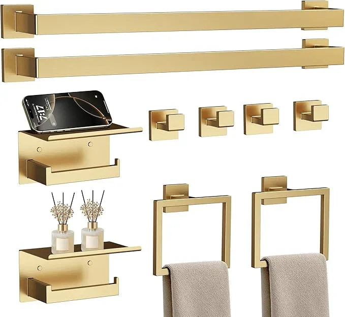 JIXB 10-Piece Brushed Gold Bathroom Accessories Set, 23.6 Inch Bathroom Hardware Set, SUS304 Stainless Steel Bath Towel Bar Set, Toilet Paper Holder with Shelf, Towel Hooks & Ring Wall Mounted - ModernBath