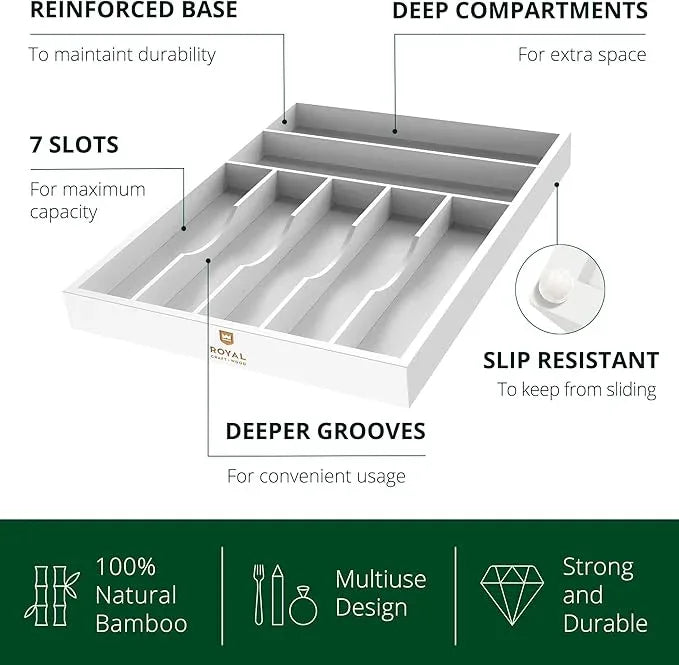 ROYAL CRAFT WOOD Luxury Bamboo Kitchen Drawer Organizer - Silverware Organizer - Utensil Holder and Cutlery Tray with Grooved Drawer Dividers for Flatware and Kitchen Utensils (7 Slot, White) - ModernBath