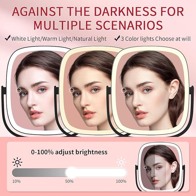 Lighted Makeup Mirror, 2600mAh Rechargeable 1x/10x Magnifying Vanity Mirror, 8.5" Height Adjustable Makeup Mirror with Lights 3 Color, 360° Rotation 2-Sided Light up Large Desk Mirror - Black - ModernBath