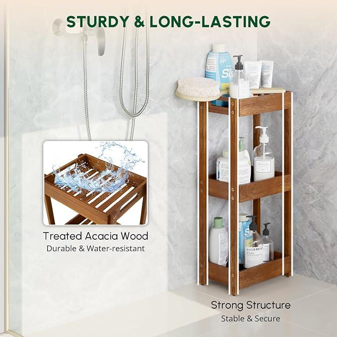 BEEFURNI Acacia Wood Shower Caddy, 3 Tier Shower Organizer, Sturdy Corner Shower Caddy, Wooden Bathroom Shelves Freestanding, Bathroom Standing Shelf (3T) - ModernBath