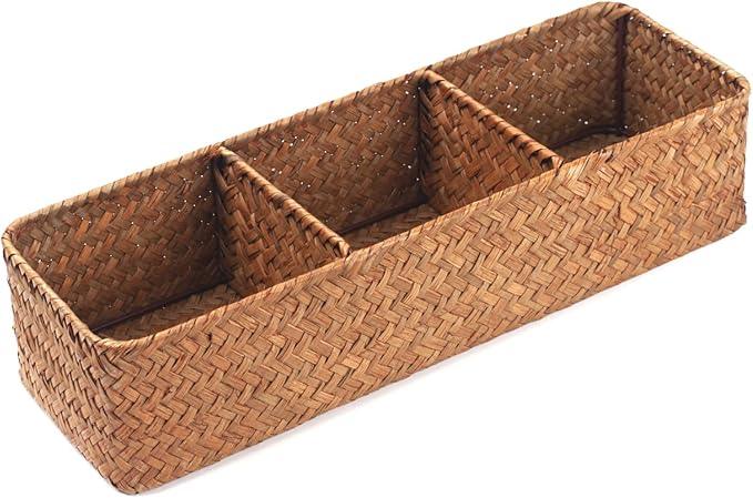 DOKOT Seagrass Toilet Tank Basket with 3 Section, Bathroom Toilet Paper Storage Baskets for Organizing (Natural) - ModernBath