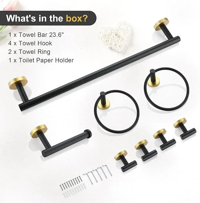 TQKAG 8-Pieces Bathroom Hardware Set Black and Gold SUS304 Stainless Steel Bath Towel Bar Set 23.6 Inch Round Bathroom Accessories Kit Wall Mounted - ModernBath