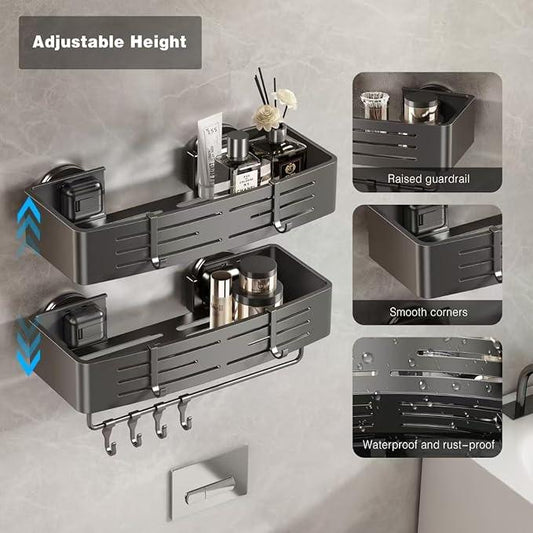 Voldra Adhesive Shower Caddy, 2 Pack Shower Shelves for Inside Shower No Drilling, Aluminum Stick On Showers Organizer with Towel Bar & Hooks Removable Bathroom Shelf Storage Rack(Gray) - ModernBath