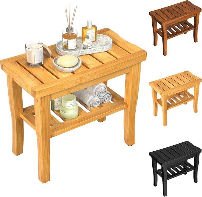 Bamboo Shower Bench Stool with Storage Shelf Waterproof Shower Chair Spa Bath Seat First Apartment Essentials New Home Must Haves Things Stuff Accessories House Warming Hostess Host - ModernBath