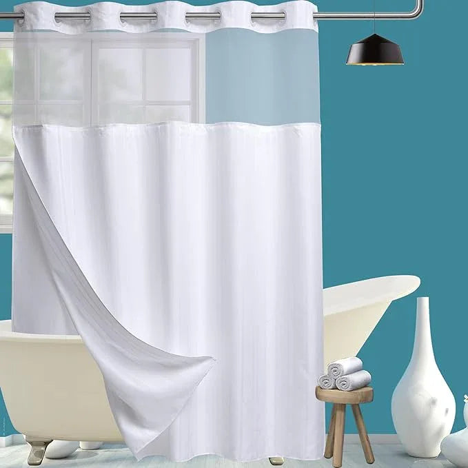 Conbo Mio Extra Long No Hook Waffle Weave Shower Curtain with Snap in Liner Set, Hotel Luxury White Shower Curtains for Bathroom with See Through Top Window, Waterproof, Washable 71W x 84H Stripe - ModernBath