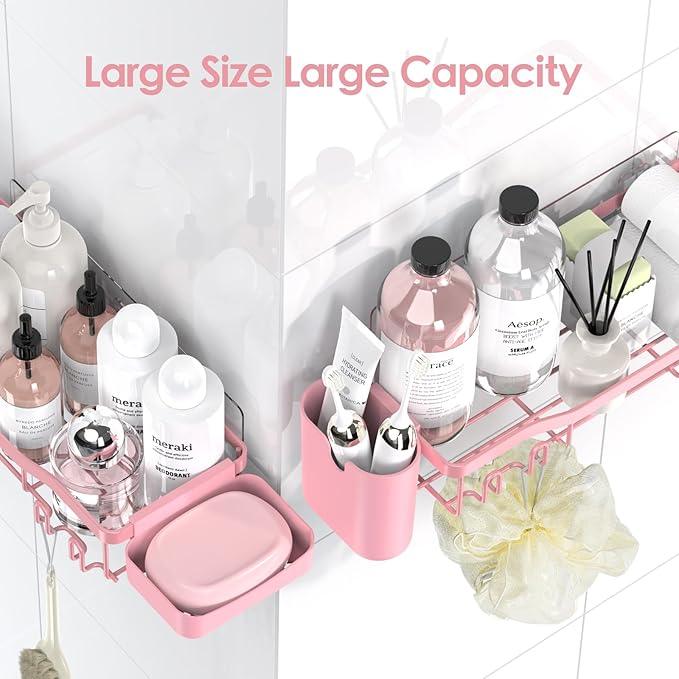 Shower Caddy Adhesive Shower Organizer 7-Pack, Rustproof Stainless Steel Bathroom Shelves, Large Capacity No-Drill Rack Storage Accessories with Soap Dish Toothbrush Holder Hooks (Pink) - ModernBath