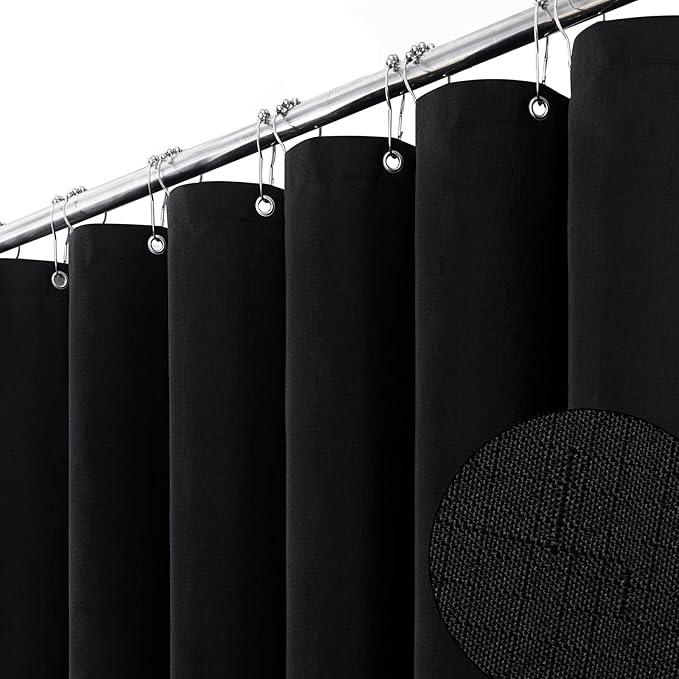 BTTN Stall Fabric Shower Curtain - 36x72 Inch Narrow Linen Textured Weighed Cloth Shower Curtain Set with 6 Plastic Hooks, Small Hotel Spa Luxury Neutral Decorative Bath Curtains for Bathroom - Black - ModernBath