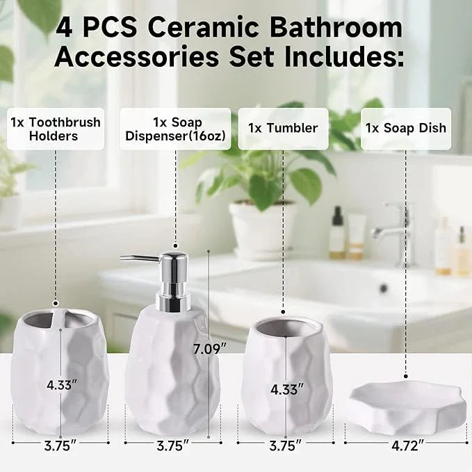 Ceramic Bathroom Accessories Set 4 PCS,Bathroom Toothbrush Holder Set,Soap and Toothbrush Holder Set,Include Toothbrush Holder,Soap Dispenser,Tumbler,Soap Dish,Bathroom Sets Decor Organizer (White) - ModernBath