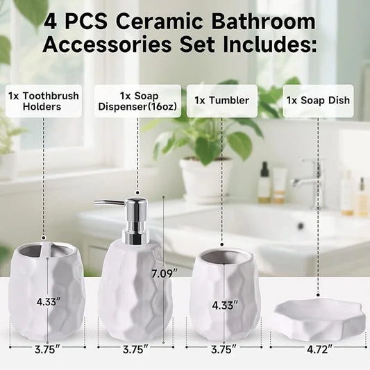 Ceramic Bathroom Accessories Set 4 PCS,Bathroom Toothbrush Holder Set,Soap and Toothbrush Holder Set,Include Toothbrush Holder,Soap Dispenser,Tumbler,Soap Dish,Bathroom Sets Decor Organizer (White) - ModernBath