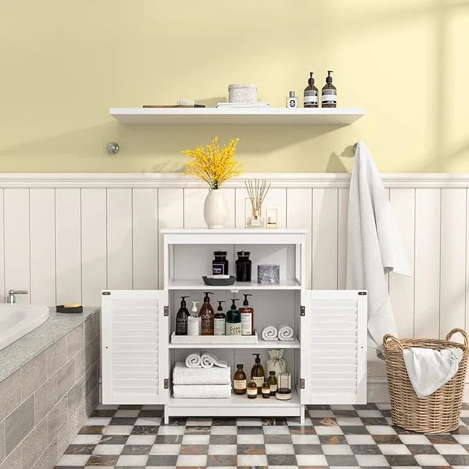 GLACER Bathroom Floor Cabinet, Wooden Storage Cabinet with Double Shutter Doors & 3-Position Adjustable Shelf, Side Storage Organizer, 23.5 x 12 x 31.5 inches (White) - ModernBath