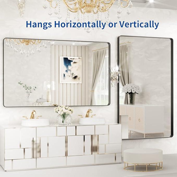WEER Black Metal Framed Mirror, 60X36 Inch Rectangular Matte Black Wall Mirror for Bathroom, Rounded Corner Black Bathroom Vanity Mirror, Tempered Glass, Anti-Rust, Hangs Horizontal or Vertical - ModernBath