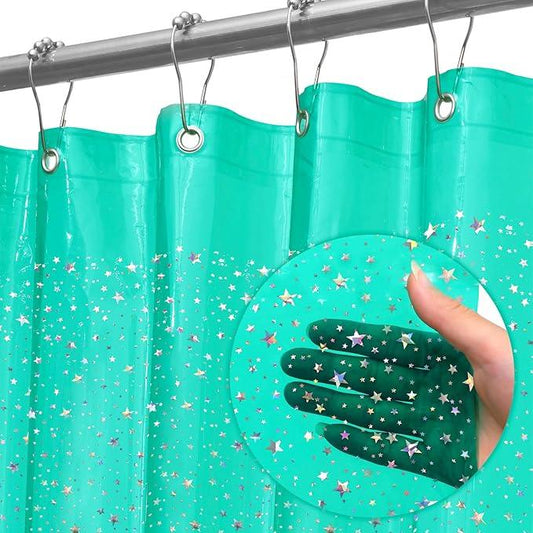 Green Holographic 3D EVA Shower Curtain Liner Glitter Star, 72x72 Premium Light Weight Plastic Bathroom Shower Curtain with Rustproof Metal Grommets for Shower Stall, Bathtubs(No Hooks) - ModernBath