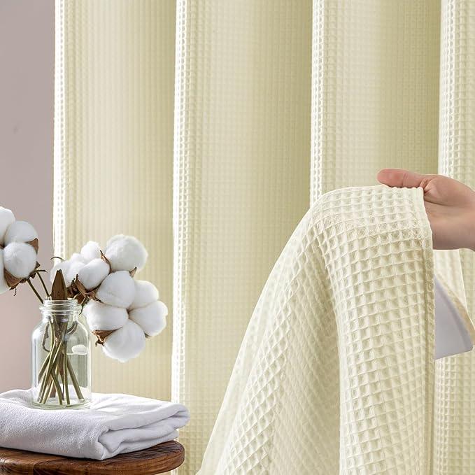 River Dream Cream Fabric Shower Curtain Set, Cotton Blend, Waffle Weave, with Snap in Replacement Liner，71 x 86 inches - ModernBath