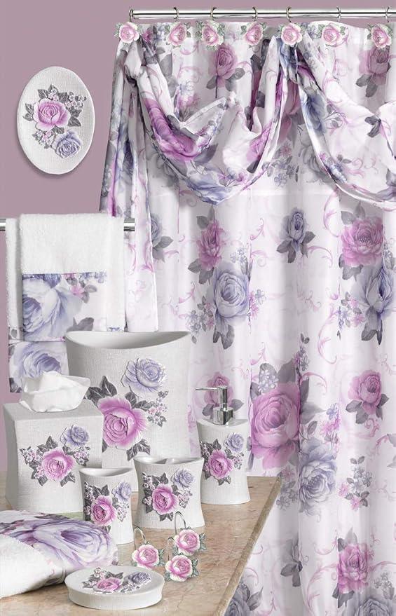 Zahari Home 13pc Michelle Bathroom Shower Curtain Sets Shower Curtain & 12 Shower Bathroom Hooks Modern Classic Luxury Contemporary Decor Floral Shower Curtain Stylish Bath Sets - ModernBath