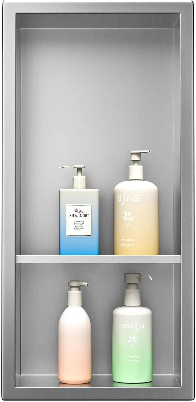 Stainless Steel Shower Niche 18"× 8" Brushed with 2- Tier Shelf No Tiled Needed Niche Shower for Wall Recessed Shower Shelf for Bathroom Storage - ModernBath