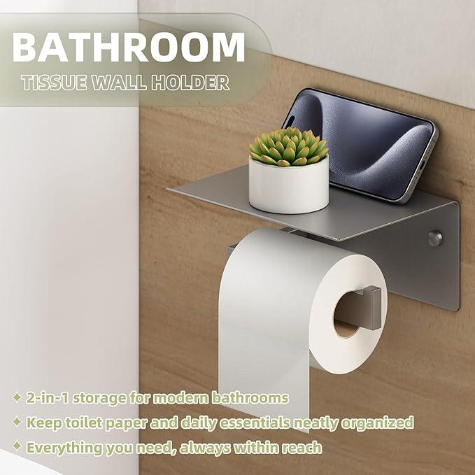 APLusee Toilet Paper Holder with Phone Shelf Gunmetal Gray, 304 Stainless Steel Rustproof Wall Mounted Heavy-Duty, Space-Saving for Modern Bathrooms - ModernBath