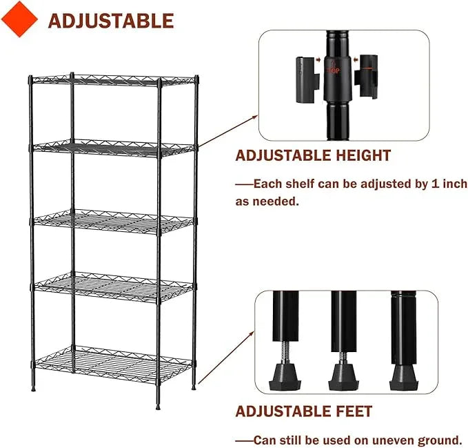 5 Tier Standing Metal Wire Shelving Unit, Adjustable Height, Storage Shelf Units for Laundry Bathroom Kitchen Pantry Closet (11.6" D x 21.2" W x 49" H inches, Black) - ModernBath