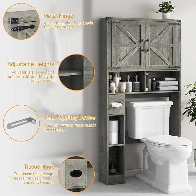 Vabches Over The Toilet Storage Cabinet, Farmhouse Storage Cabinet Over Toilet with 2 Barn Doors & Toilet Paper Holder Stand，Home Space-Saving Toilet Rack, for Laundry, Bathroom, Restroom.Grey Oak - ModernBath