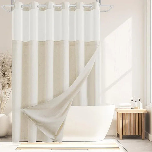 Jowels No Hooks Needed Linen Shower Curtain and Liner Set, Hotel Luxury Decor Shower Curtains for Bathroom with See Through Top Window,Water Resistant Fabric,72Wx75L,Natural Linen - ModernBath