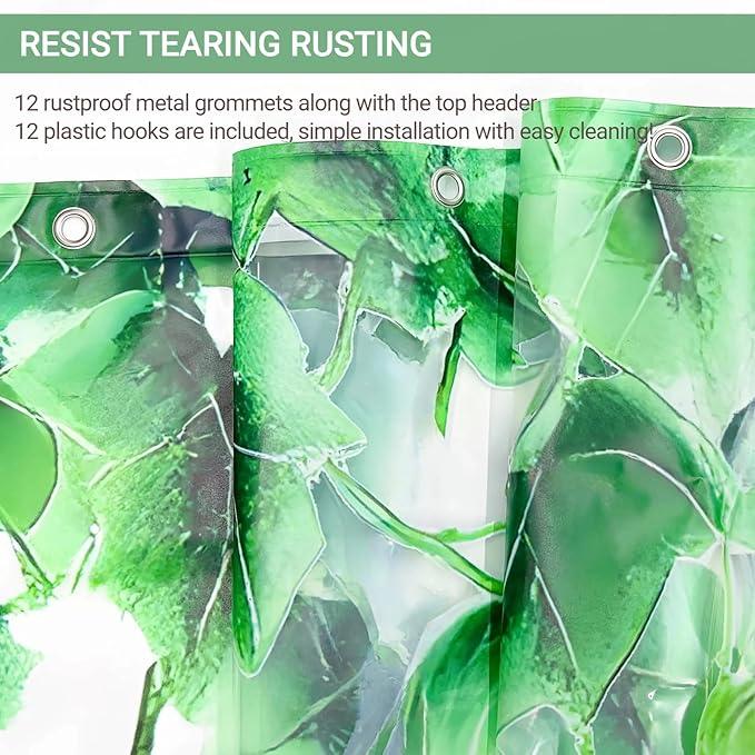 Clear Green Ivy Leaves Shower Curtain Liner, Transparent Plastic Nature Green Botanical Leaf Decorative Waterproof Shower Curtains for Bathroom, 72x72 Weighted Magnetic Shower Curtain Liner with Hooks - ModernBath