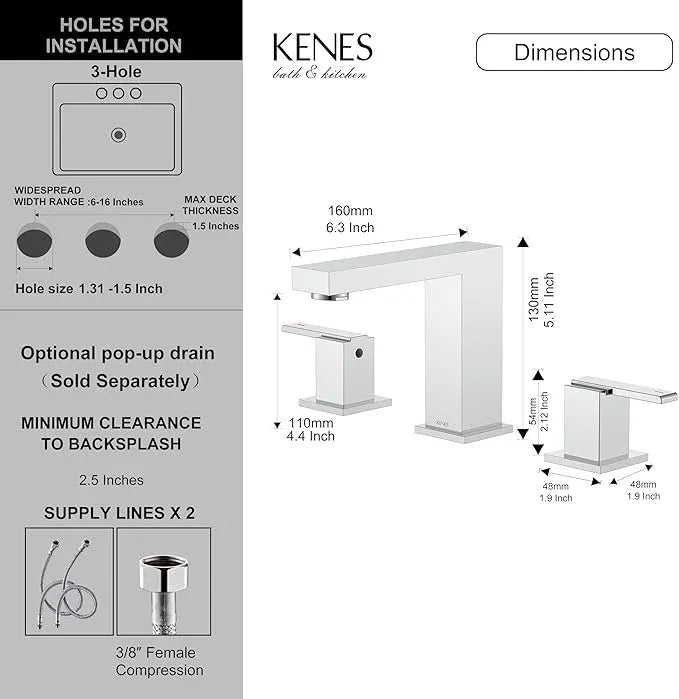 KENES Chrome Widespread Bathroom Faucet Two Handle Bathroom Sink Faucet, 8-Inch 3 Pieces Bathroom Vanity Faucet 3 Hole with Supply Lines, KE-9050-5 - ModernBath