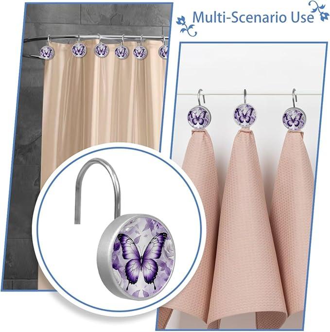 Purple Butterfly and Flower Shower Curtain Hooks, 12Pcs Decorative Rust Resistant Shower Rings for Shower Curtain Rods, Stainless Steel Round Curtain Hooks for Bathroom, Bedroom - ModernBath