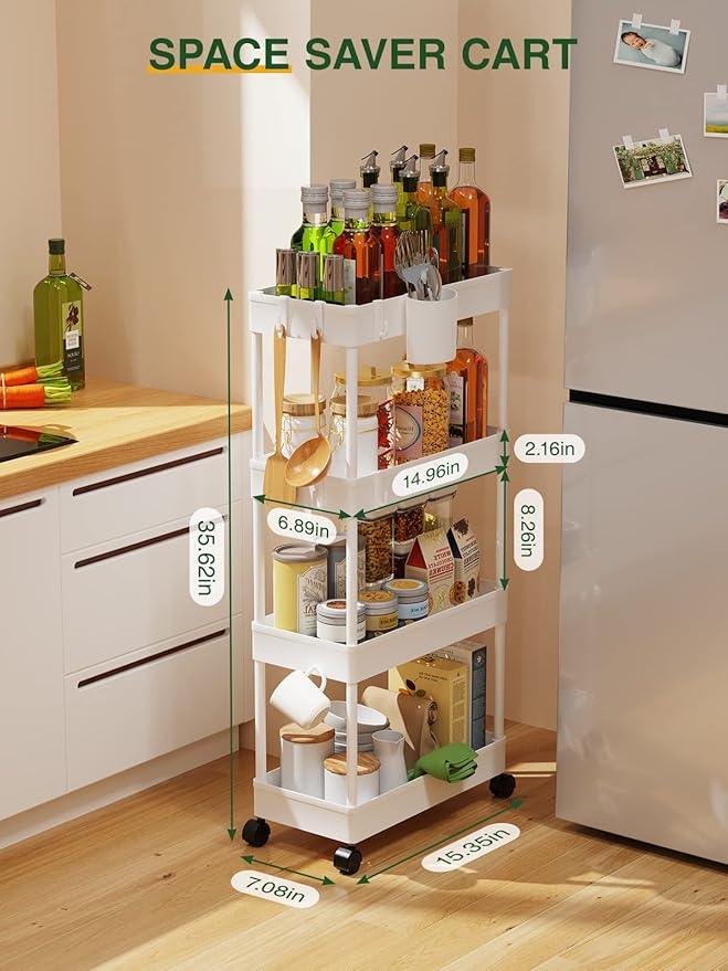 LEHOM Slim Rolling Storage Cart - 4 Tiers Bathroom Organizer Utility Cart Slide Out Storage Shelves Mobile Shelving Unit for Kitchen, Bedroom, Office, Laundry Room, Small Narrow Spaces (7.1" W+White) - ModernBath