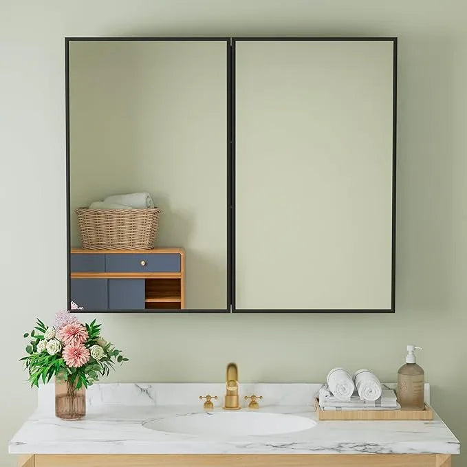 Buruis 36" x 30" Framed Medicine Cabinet with Mirror, Recessed or Wall Mounted Bathroom Cabinet, Adjustable Tempered Glass Shelves, Left/Right Open Reversible, No Assembly Required, Black - ModernBath
