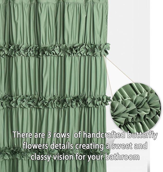 Homechoice Decor Light Green Ruffle Shower Curtain, Vintage Handcrafted Bow Tie Bath Curtain for Master Bathroom, Ruched Microfiber Bathroom Curtain with 12 Buttonholes, 72" W x 72" H (LQ-10) - ModernBath