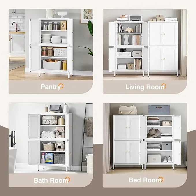 Yizosh Metal Pantry Cabinet,Tall Kitchen Pantry Storage Cabinet with 4 Doors and 2 Adjustable Shelves - 43" White Cupboard Cabinet for Kitchen,Living Room,Dining Room,Home - ModernBath