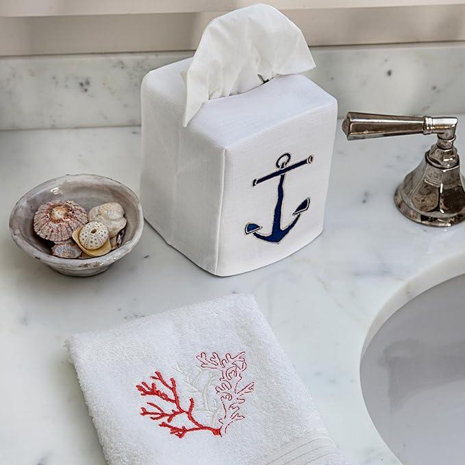 Jacaranda Living Square Tissue Box Cover, Linen/Cotton Fabric Tissue Holder, Decorative Cloth Tissue Cube Cover, Coastal Designs Standing Anchor (Navy) - ModernBath