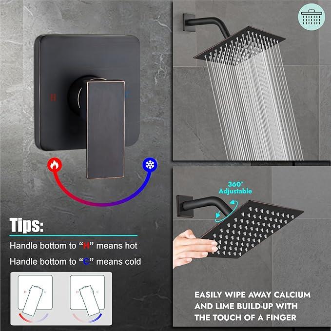 Heyalan 8 Inch Shower Head and Handle Set Square Shower Faucet Set Bathroom Rainfall Shower Faucet Set Stainless Steel Showerhead Single Function Shower Trim Kit,Male Thread Valve,Oil Rubbed Bronze - ModernBath