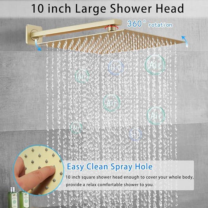 Brushed Gold Shower System YCAIKOI Wall Mount Shower Faucet Set for Bathroom 10 Inch High Pressure Luxury Shower Head with Handheld, Rough-in Valve Body and Trim Included - ModernBath