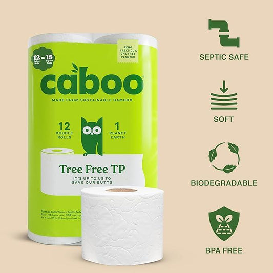 Caboo Tree Free Toilet Paper, Tree Free, Septic, Chemical Free Bath Tissue - 2 Ply Sheets, 300 Sheets Per Roll, 12 Double Rolls - ModernBath