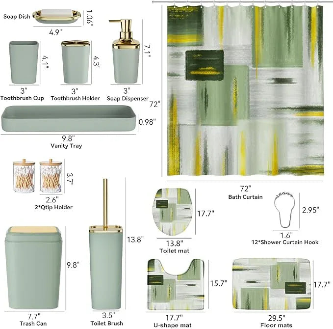 XLHOMO Bathroom Accessories Set - 25PC Bathroom Set with Shower Curtain and Rugs, Sage Green Bathroom Set, Bathroom Accessory Set with Press-on Lid Trash Can, Soap Dispenser and Qtip Holders - ModernBath