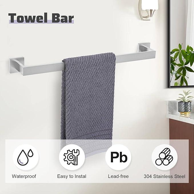 TNOMS Brushed Nickel Towel Bar Set,5-Piece Bathroom Hardware Set Includes Upgraded Double Base Paper Towel Holder Modern Square Towel Holder Set,Stainless Steel Wall Mount 23.6 Inch - ModernBath