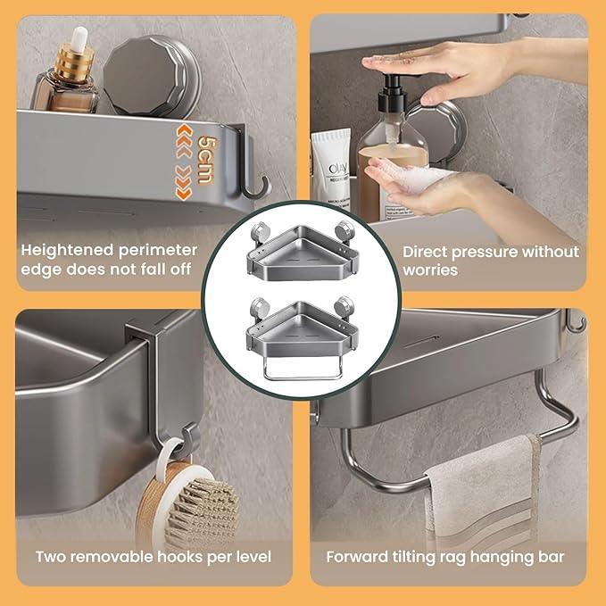 Corner Shower Caddy Suction Cup Shower Shelf Corner No Drilling Carbon Bathroom Shower Organizer Storage Rack Adhesive with Towel Bar 4 Hooks (2-PCS, Gray) - ModernBath