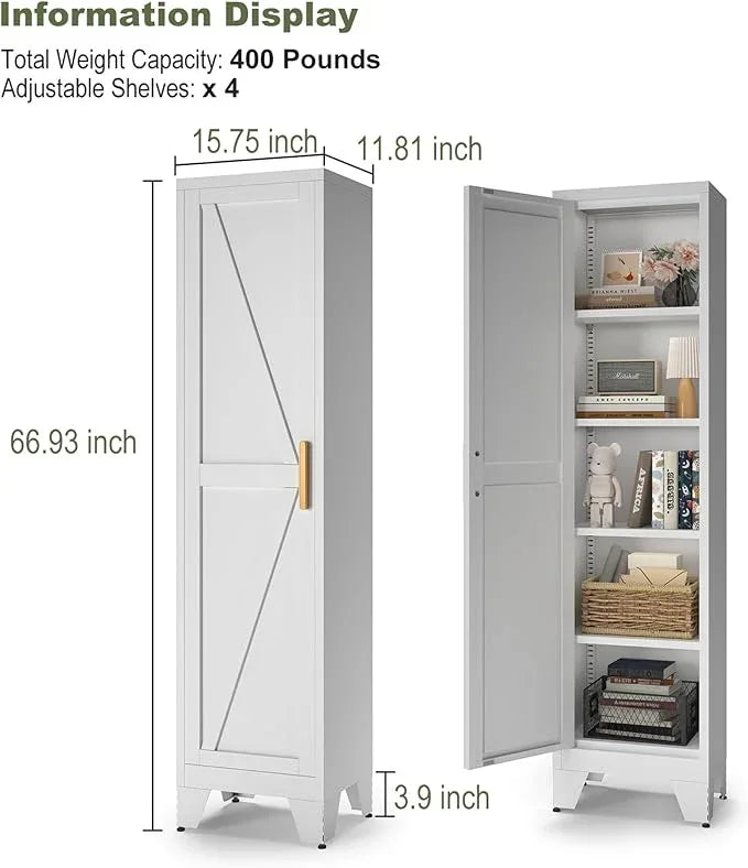 COFaR Tall Bathroom Storage Cabinet, Metal Farmhouse Narrow Slim Cabinet with Adjustable Shelves Barn Door for Bathrooms, Kitchens, Entrances Living Room (White) - ModernBath