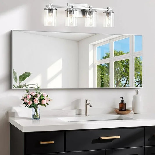 COFENY 48x24In Silver Bathroom Mirror for Wall, Brushed Nickel Rectangle Mirrors with Metal Frame, Bathroom Rectangular Mirror Modern Wall Mirror for Bedroom Living Room, Hangs Horizontal or Vertical - ModernBath