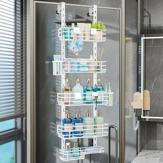 Consumest Over The Door Shower Caddy - 5 Tier Adjustable Shower Organizer Hanging with 2 Toothbrush Holders & 4 Hooks, Rustproof Organizer Shelf, Storage Rack for Bathroom, White - ModernBath