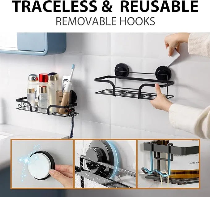 LEVERLOC Shower Caddy Suction Cup, 2 Pack Shower Shelves for Inside, Black Rustproof Metal Bathroom Storage NO-Drilling Bathroom Organizer with Large Capacity, Heavy Duty Storage Basket - ModernBath