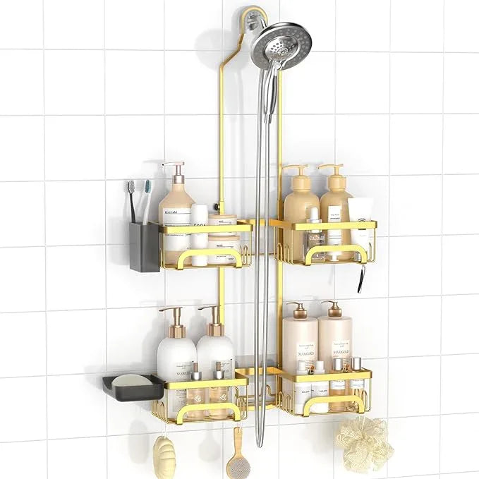 REINHARDT Shower Caddy Hanging for Handheld Showerheads Adjustable Split Shower Caddy, Rustproof Shower Organizer with Hooks for Razors Over the Head Caddy with Soap Holder Bathroom Accessories, Gold - ModernBath