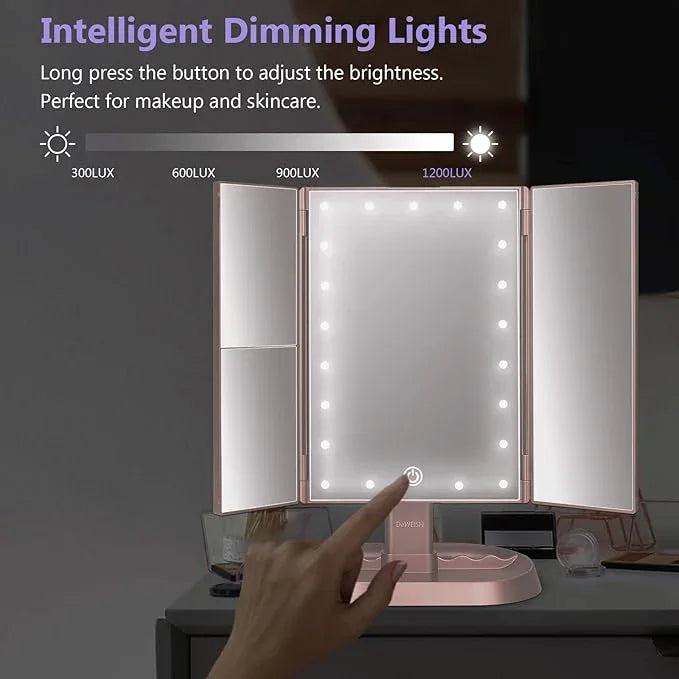 deweisn Trifold Lighted Vanity Makeup Mirror with 21 LED Lights,1x/2x/3x Magnification and Touch Screen Dimming,Two Power Supplies Makeup Mirror, Gift for Women - ModernBath
