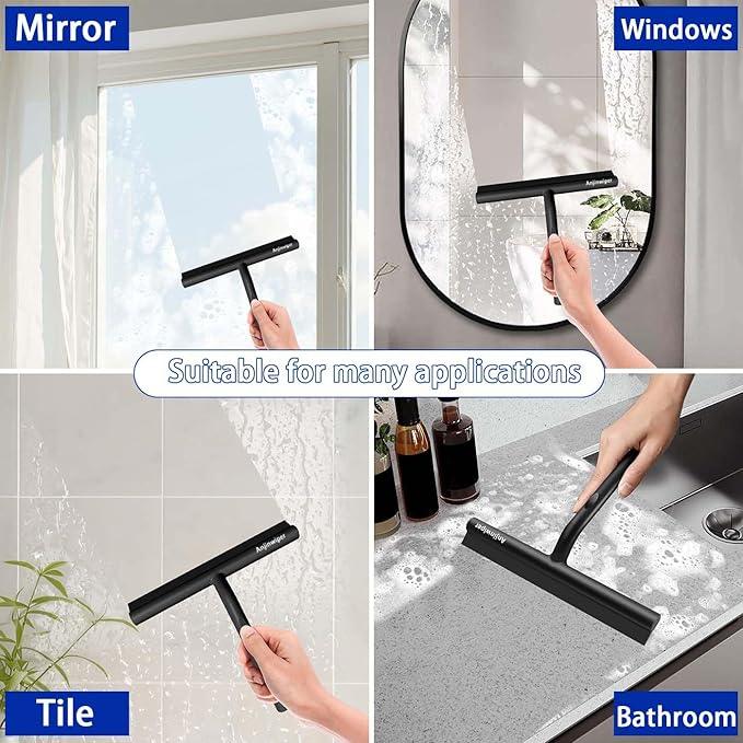 Anjinwiper All-Purpose Shower Squeegee for Glass Doors, Shower Door Squeegee with Hook, Silicone Squeegee for Bathroom, Shower Doors, Mirrors, Tiles(Black) - ModernBath