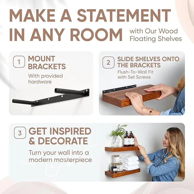 Homeforia 18 inch Floating Shelf Oak, High End Solid Real Wood 18inch Long Floating Shelves for Wall Mounted, Honey Oak Wooden 18in Floating Shelves, Heavy Duty Bracket, 18 X 6.5 X 1.75 inch, Set of 3 - ModernBath