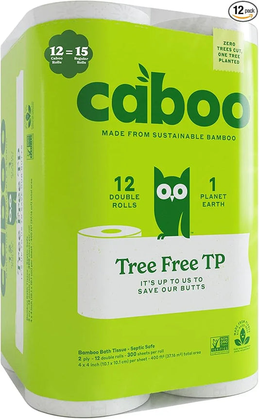 Caboo Tree Free Toilet Paper, Tree Free, Septic, Chemical Free Bath Tissue - 2 Ply Sheets, 300 Sheets Per Roll, 12 Double Rolls - ModernBath