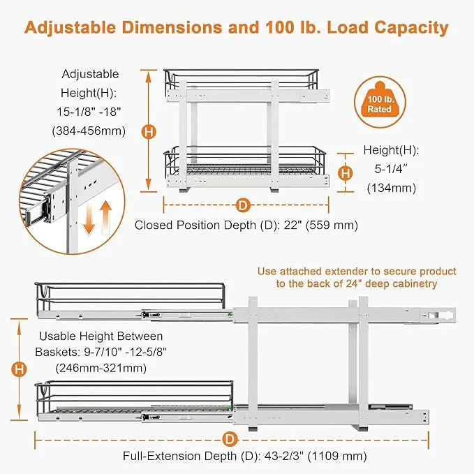 ALINE FURNITURE 2-Tier Pull Out Cabinet Organizer - 17" W x 22" D Soft Close Pullout Shelves with Shelf Liners - Slide Out Drawers for Kitchen Cabinets, Pantry, Bathroom, Heavy Duty Steel Wire Baskets - ModernBath