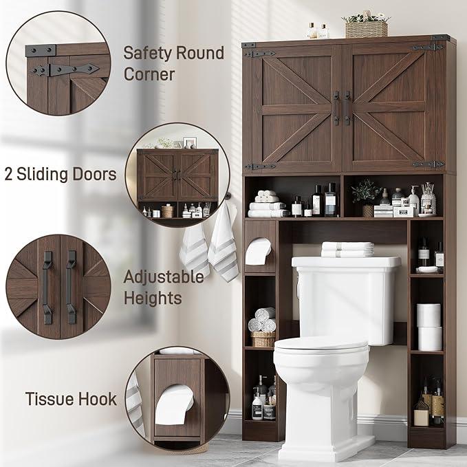 Vabches Over The Toilet Storage Cabinet, Farmhouse Storage Cabinet Over Toilet with 2 Barn Doors ，Toilet Paper Holder Stand，Home Space-Saving Toilet Rack, for Laundry, Restroom, Bathroom.Espresso. - ModernBath